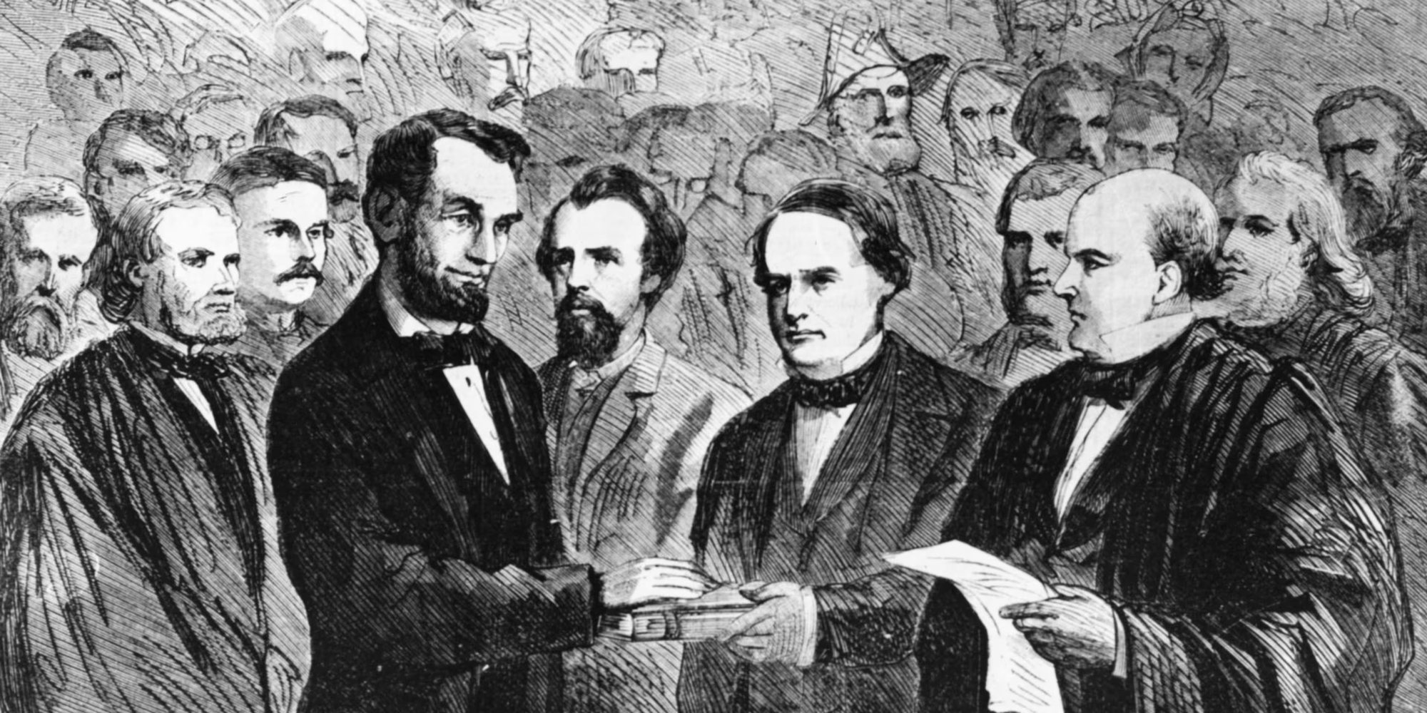 An engraving of Abraham Lincoln, his hand on a Bible, taking the oath of office from Chief Justice Salmon P. Chase at his second inauguration, 4 March 1865.