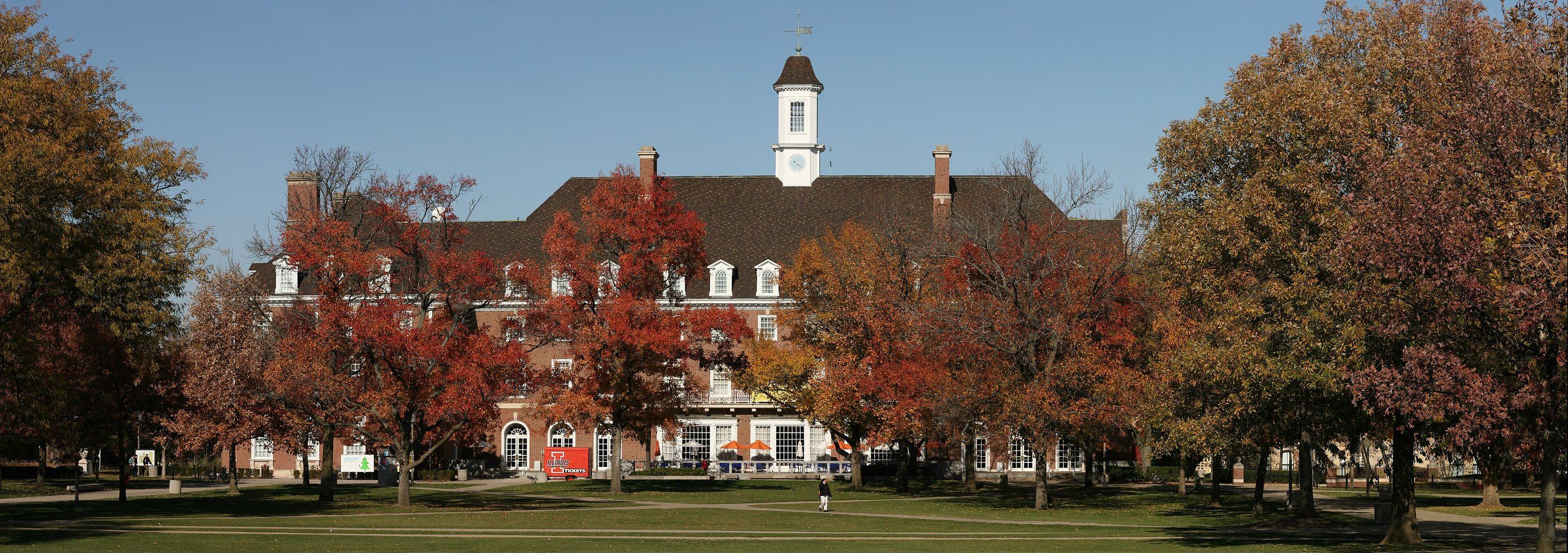 The Illini Union seen across the Main Quad at the University of Illinois.
